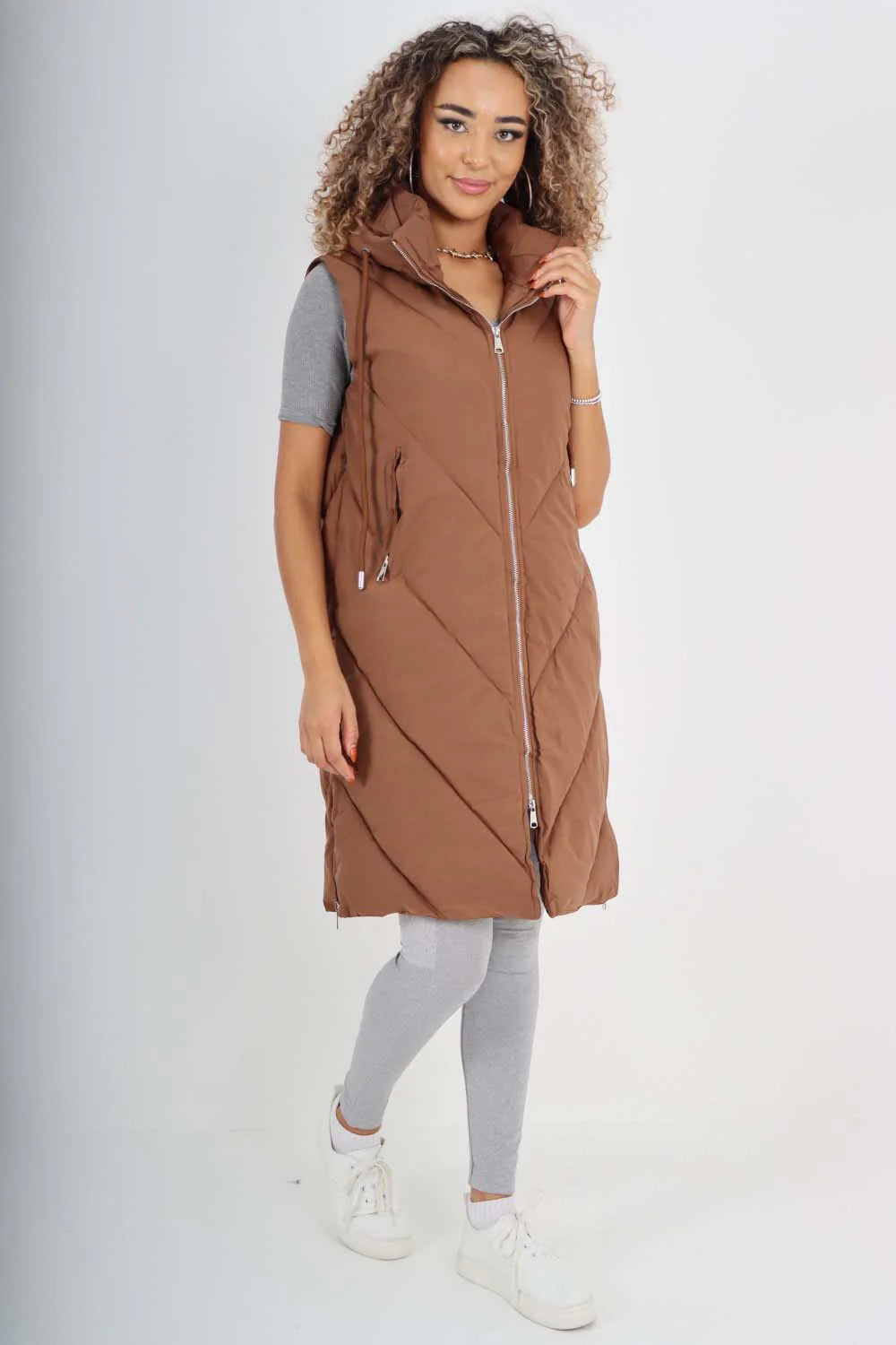 Italian Padded Pockets Hooded Zip up Long Gilet