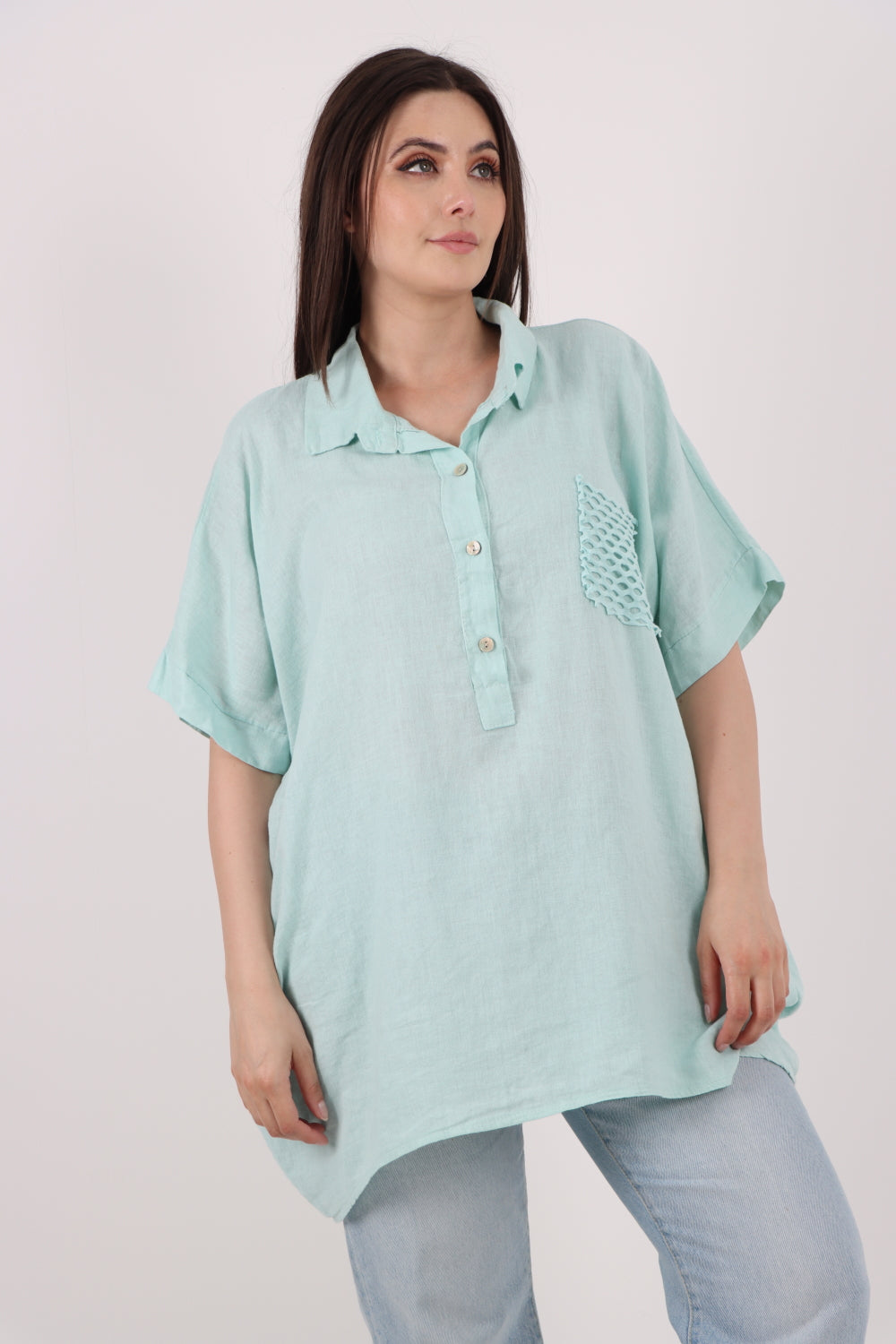 ITALIAN MESH NET POCKET COLLARED NECK LINEN TUNIC TOP