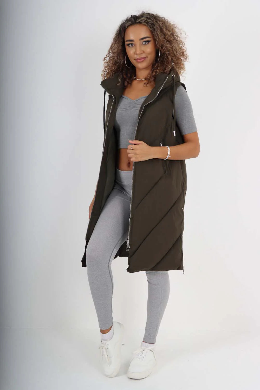 Italian Padded Pockets Hooded Zip up Long Gilet