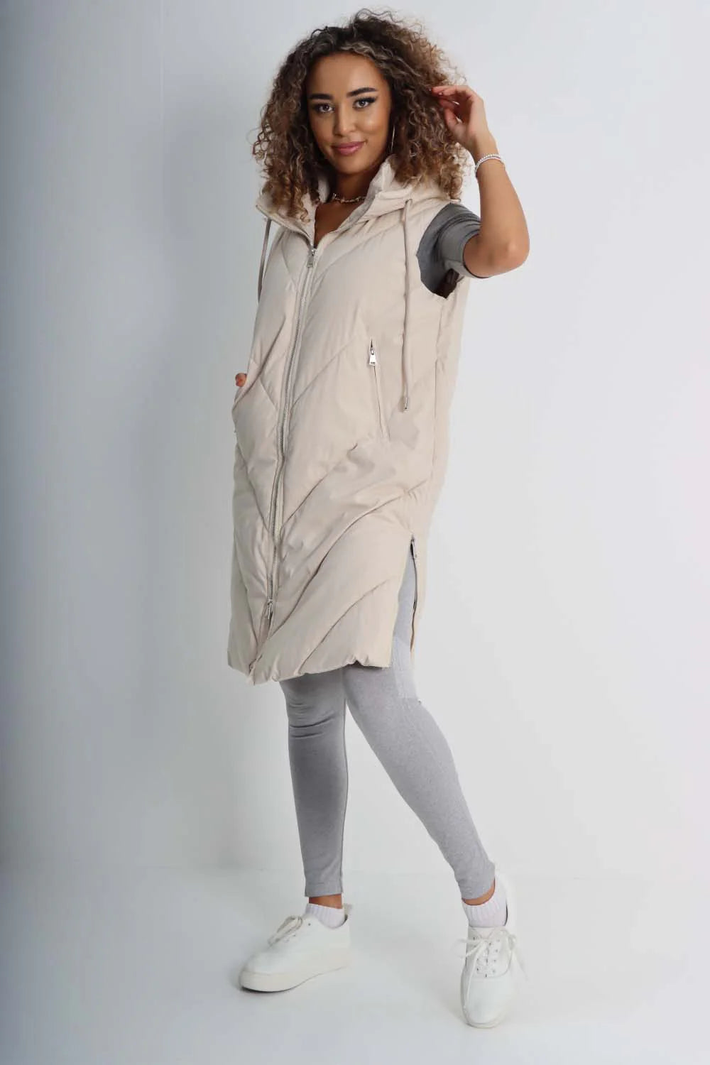Italian Padded Pockets Hooded Zip up Long Gilet