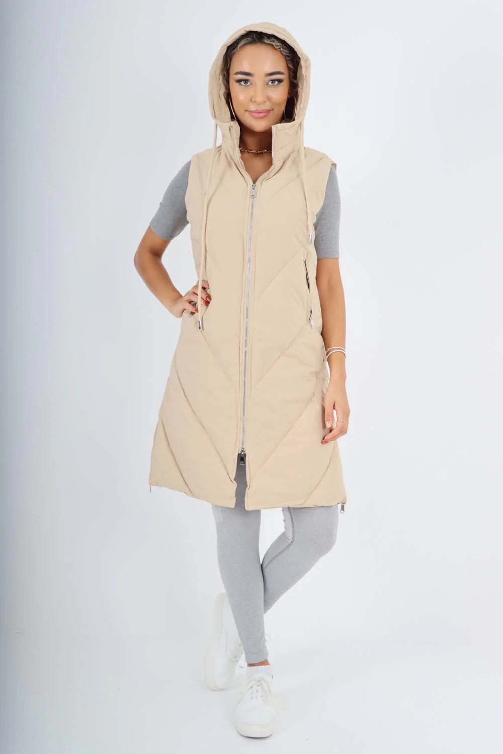 Italian Padded Pockets Hooded Zip up Long Gilet