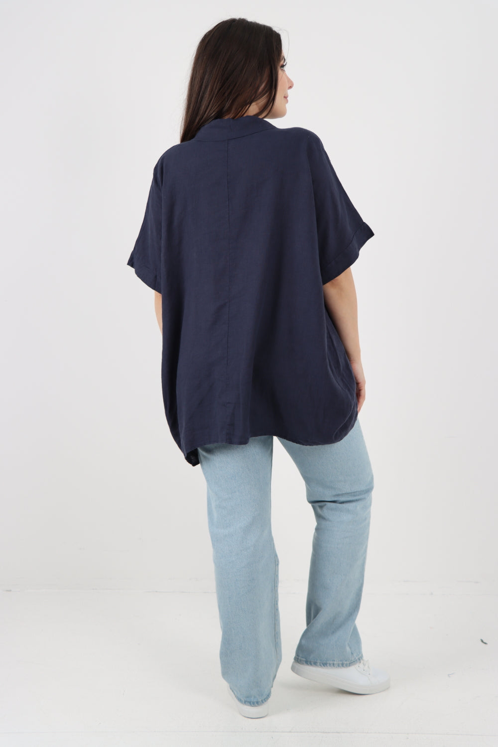 ITALIAN MESH NET POCKET COLLARED NECK LINEN TUNIC TOP