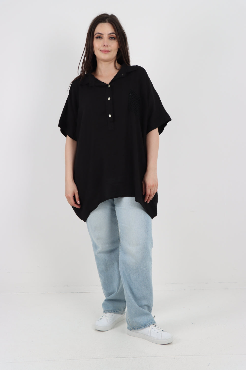 ITALIAN MESH NET POCKET COLLARED NECK LINEN TUNIC TOP