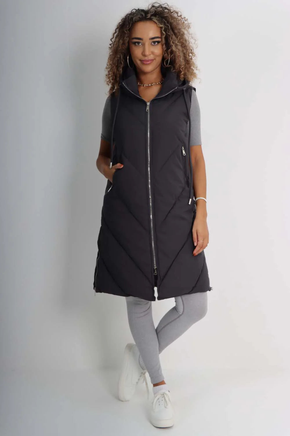 Italian Padded Pockets Hooded Zip up Long Gilet