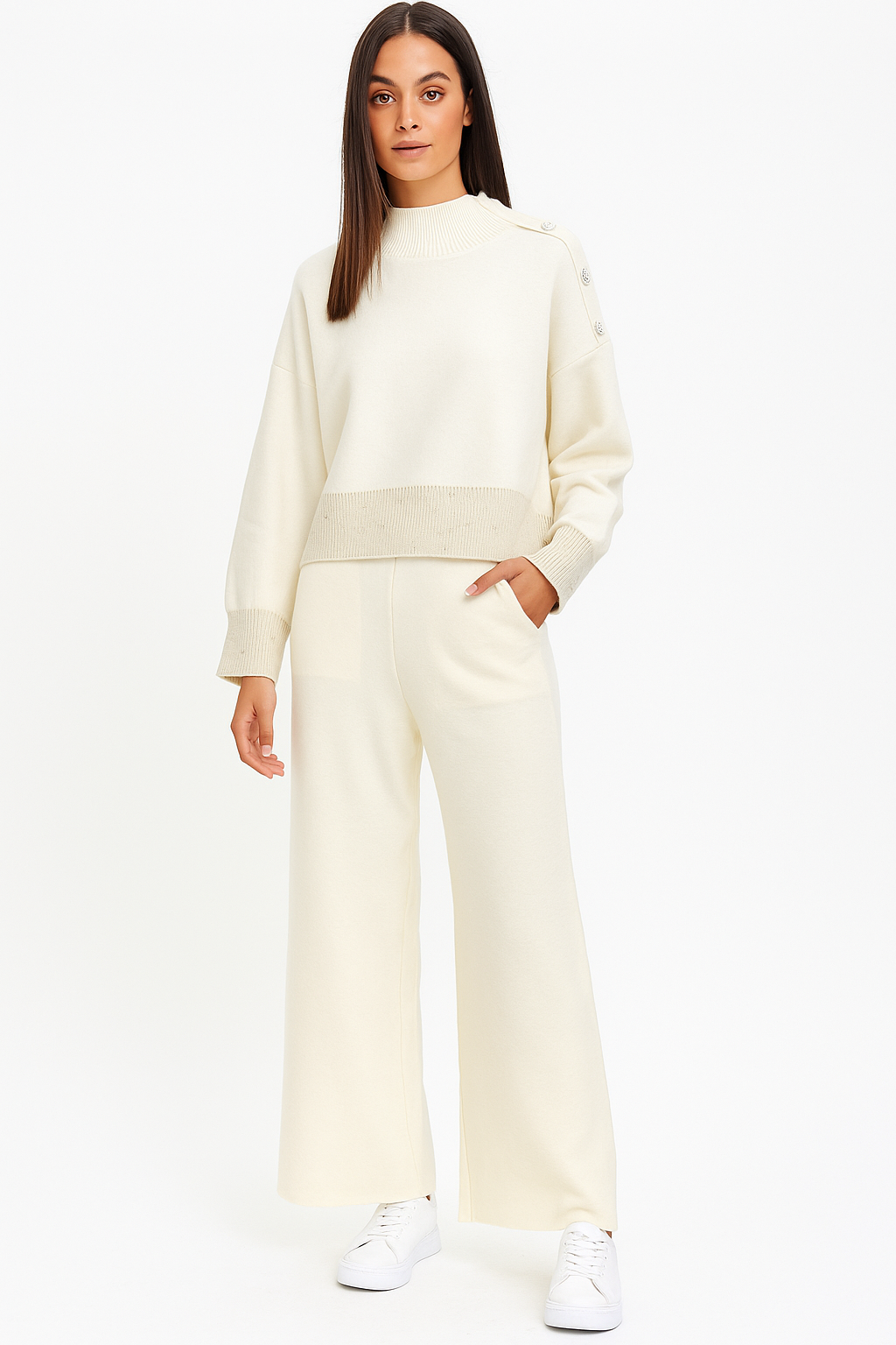 Women’s Two-Piece Knit Set with Side Buttons – Beige”