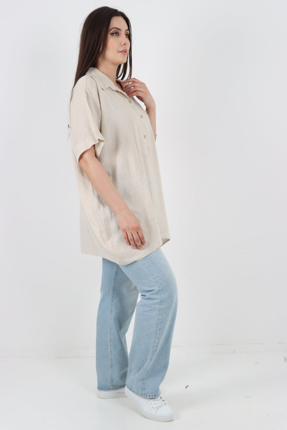 ITALIAN MESH NET POCKET COLLARED NECK LINEN TUNIC TOP