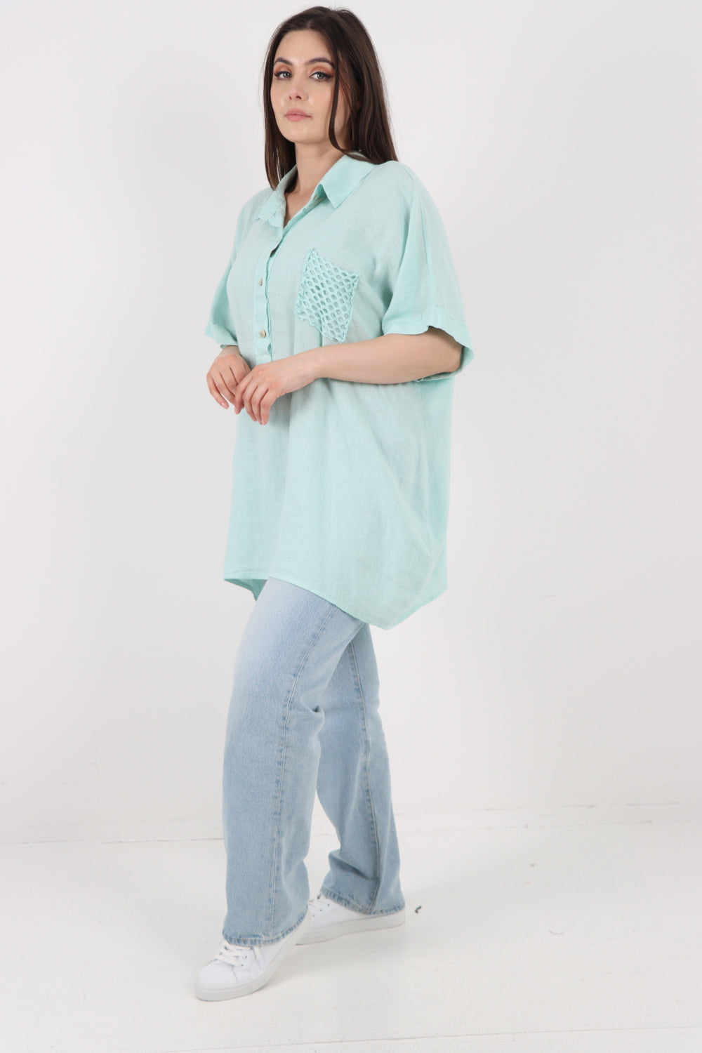 ITALIAN MESH NET POCKET COLLARED NECK LINEN TUNIC TOP