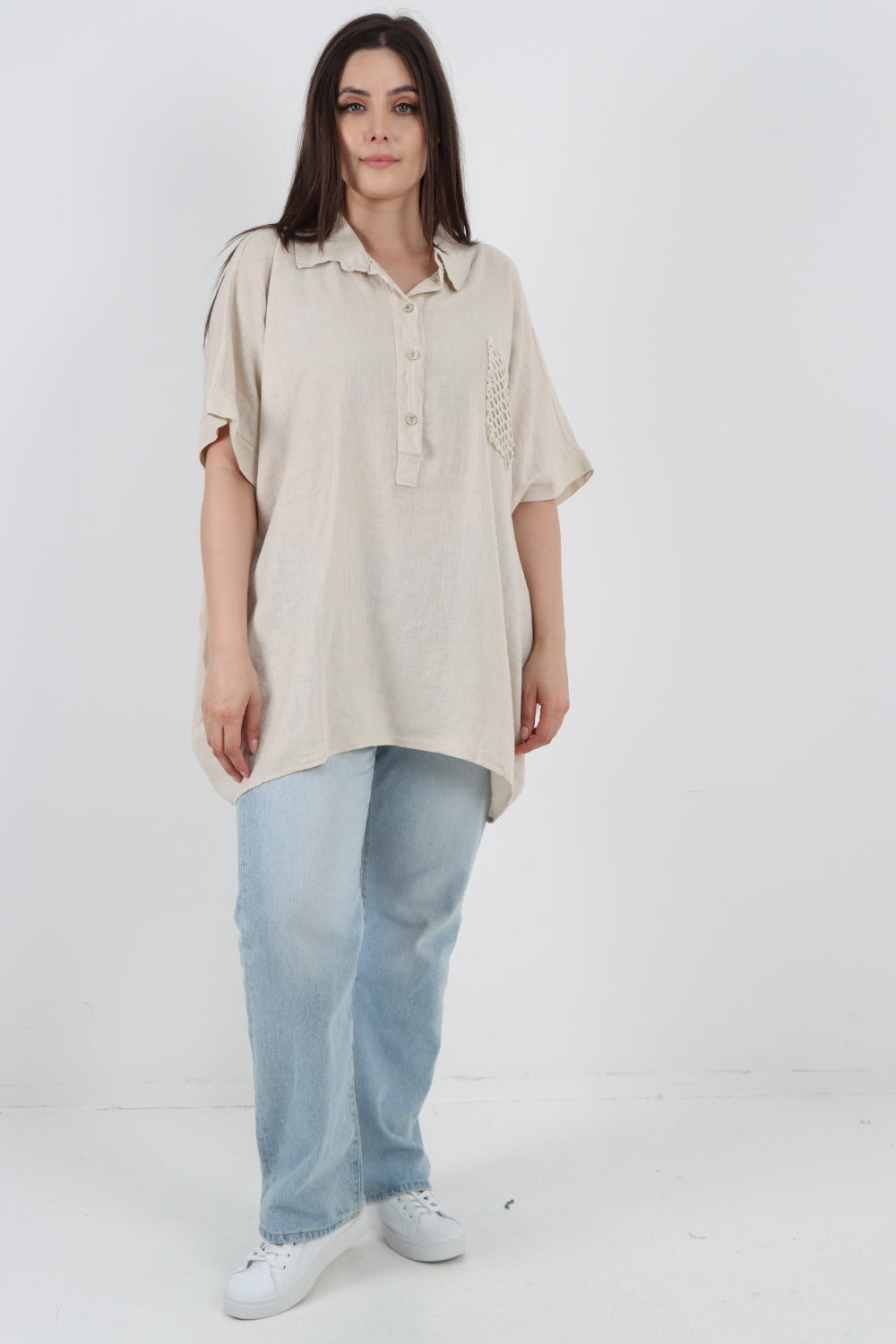 ITALIAN MESH NET POCKET COLLARED NECK LINEN TUNIC TOP