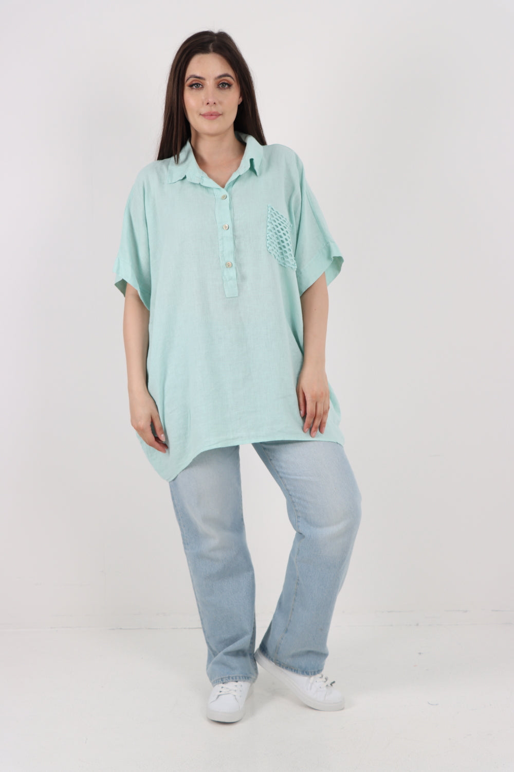 ITALIAN MESH NET POCKET COLLARED NECK LINEN TUNIC TOP