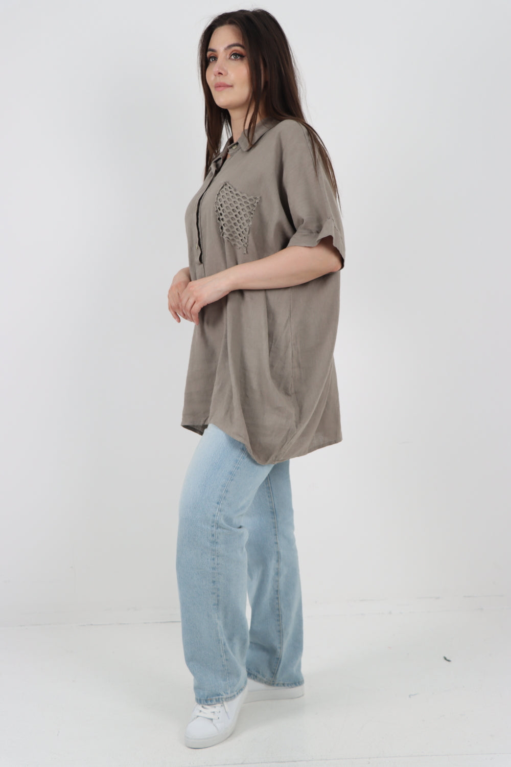 ITALIAN MESH NET POCKET COLLARED NECK LINEN TUNIC TOP
