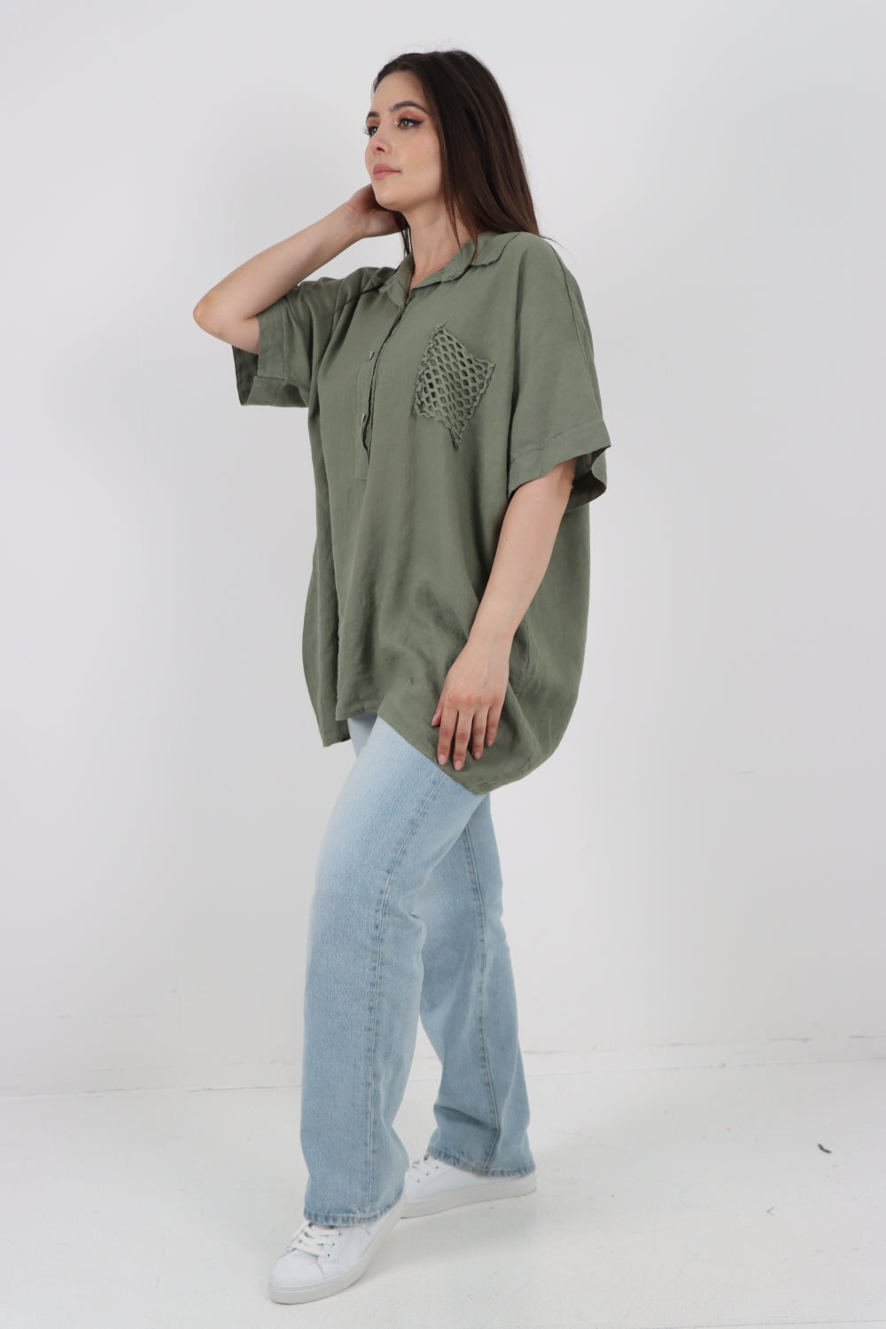 ITALIAN MESH NET POCKET COLLARED NECK LINEN TUNIC TOP