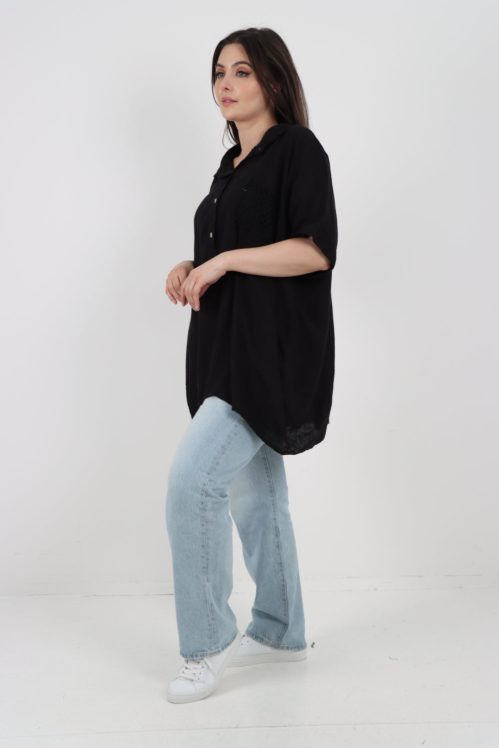 ITALIAN MESH NET POCKET COLLARED NECK LINEN TUNIC TOP