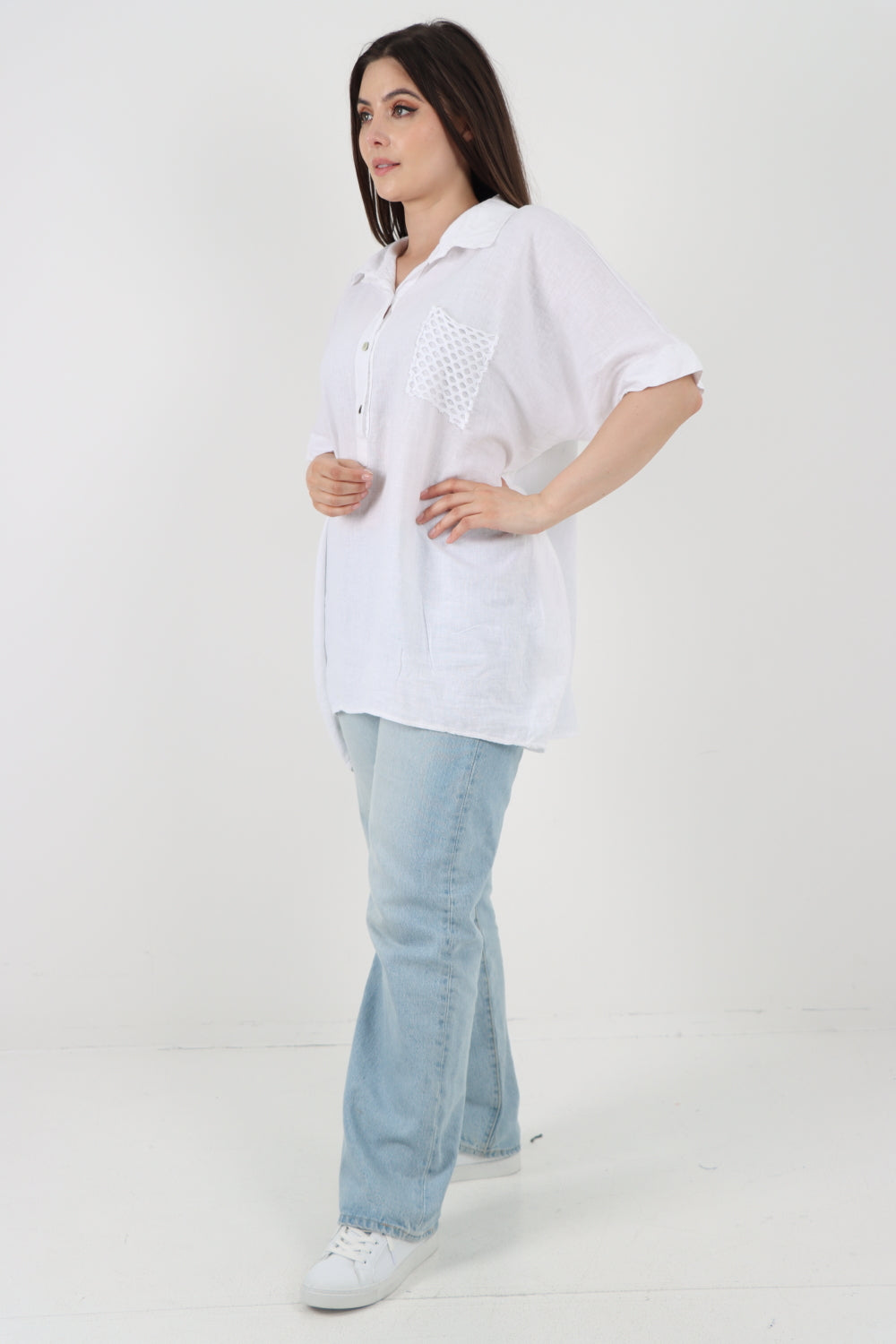 ITALIAN MESH NET POCKET COLLARED NECK LINEN TUNIC TOP