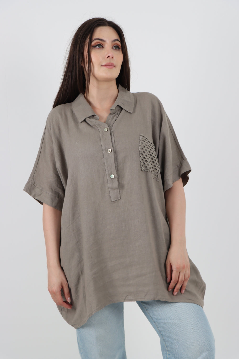 ITALIAN MESH NET POCKET COLLARED NECK LINEN TUNIC TOP