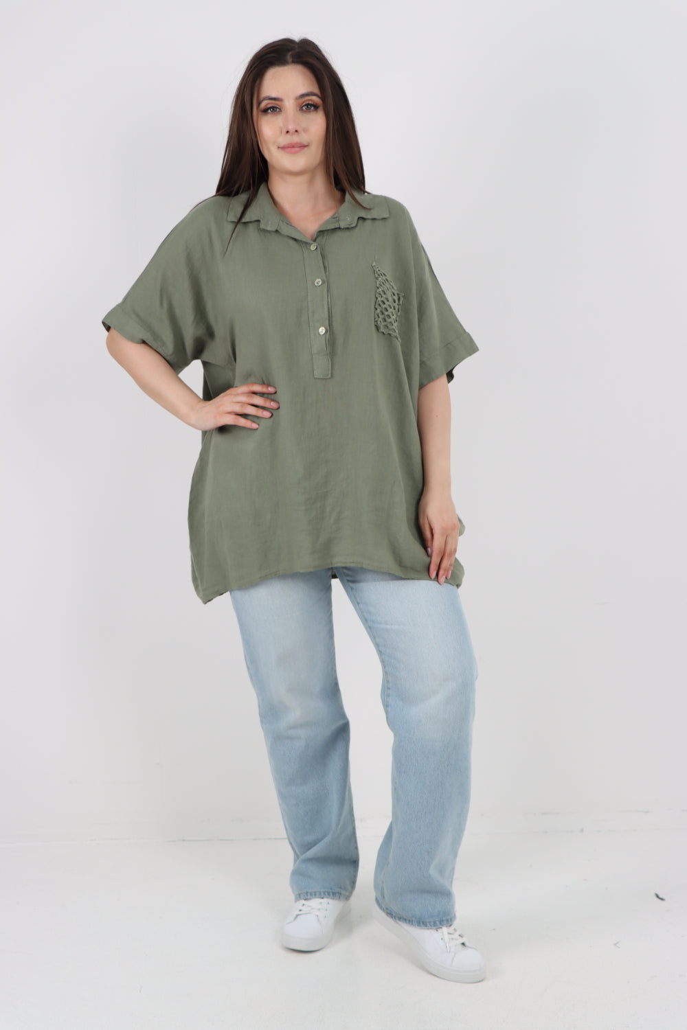 ITALIAN MESH NET POCKET COLLARED NECK LINEN TUNIC TOP