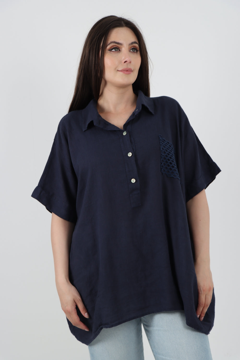ITALIAN MESH NET POCKET COLLARED NECK LINEN TUNIC TOP